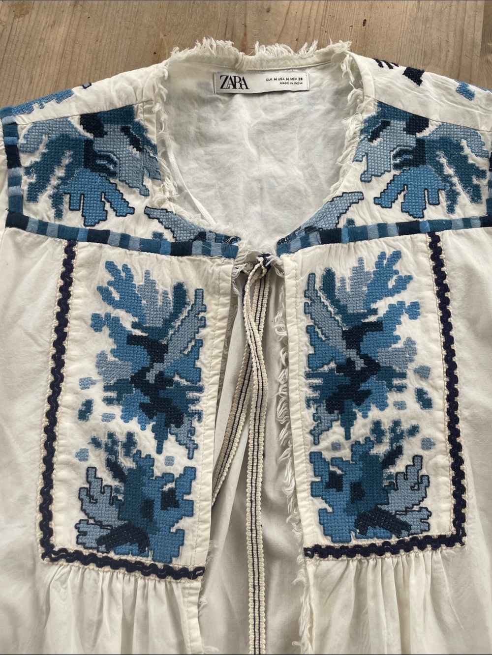 Zara White Boho Embroidered Tie-Front Top with Blue Accents Coastal Chic - Picture 2 of 8